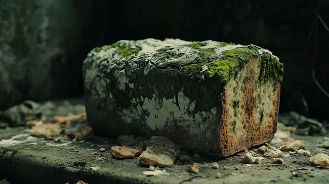 Modrig-grünes Brot mit weißem Schimmel auf dunkler Oberfläche