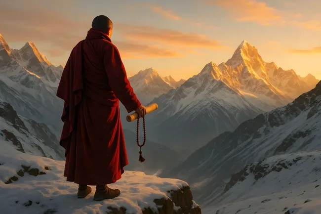 Mönch mit Gebetskette auf verschneiter Berglandschaft