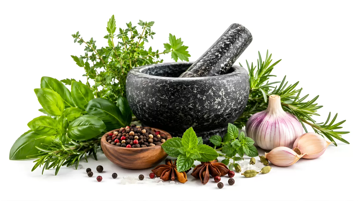 Mörser mit frischen Kräutern und Gewürzen auf Weiß