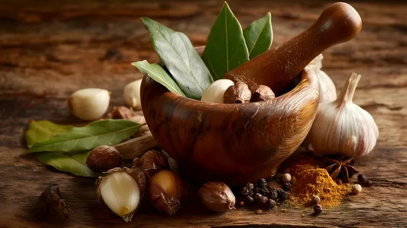 Mörser mit Knoblauch und Gewürzen