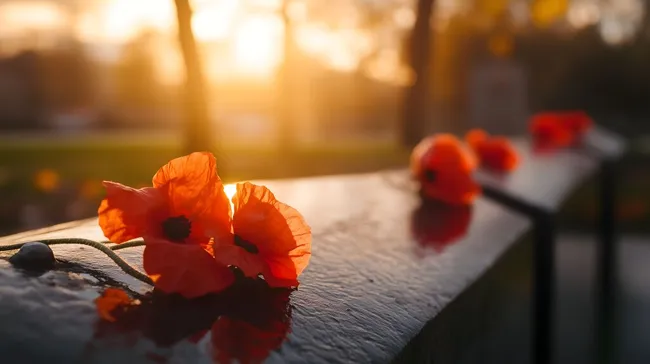 Mohnblumen am Denkmal im Sonnenuntergang