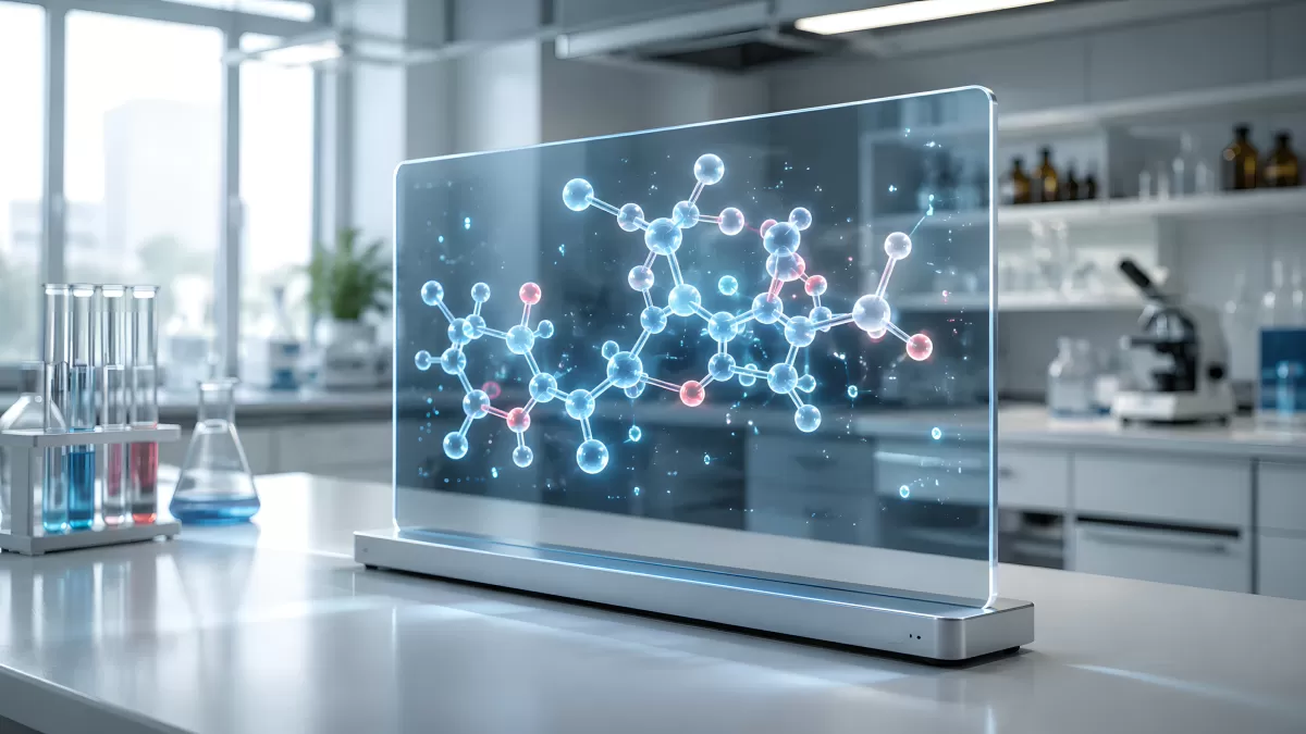Molekülstruktur auf transparentem Display im Labor — Bild kostenlos herunterladen