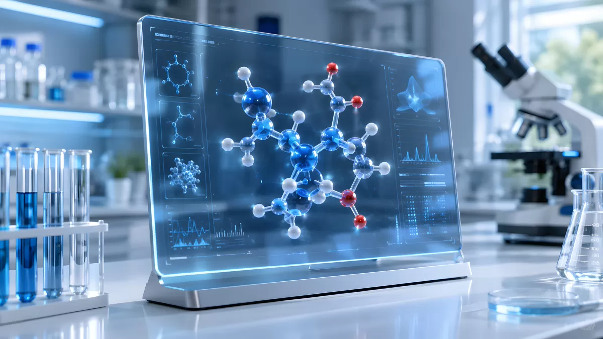 Molekülstruktur auf transparentem Labordisplay