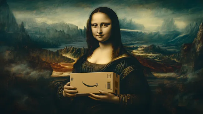 Mona Lisa hält Amazon-Paket in surrealer Renaissance-Malerei