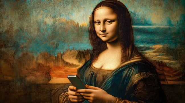 Mona Lisa mit modernem Smartphone im historischen Kontext