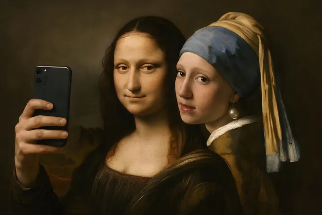 Mona Lisa und Mädchen mit Perlohrringe machen Selfie