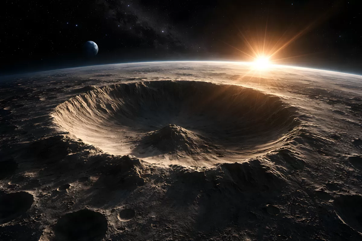 Mondkrater mit Erdaufgang und Sonnenlicht aus dem All