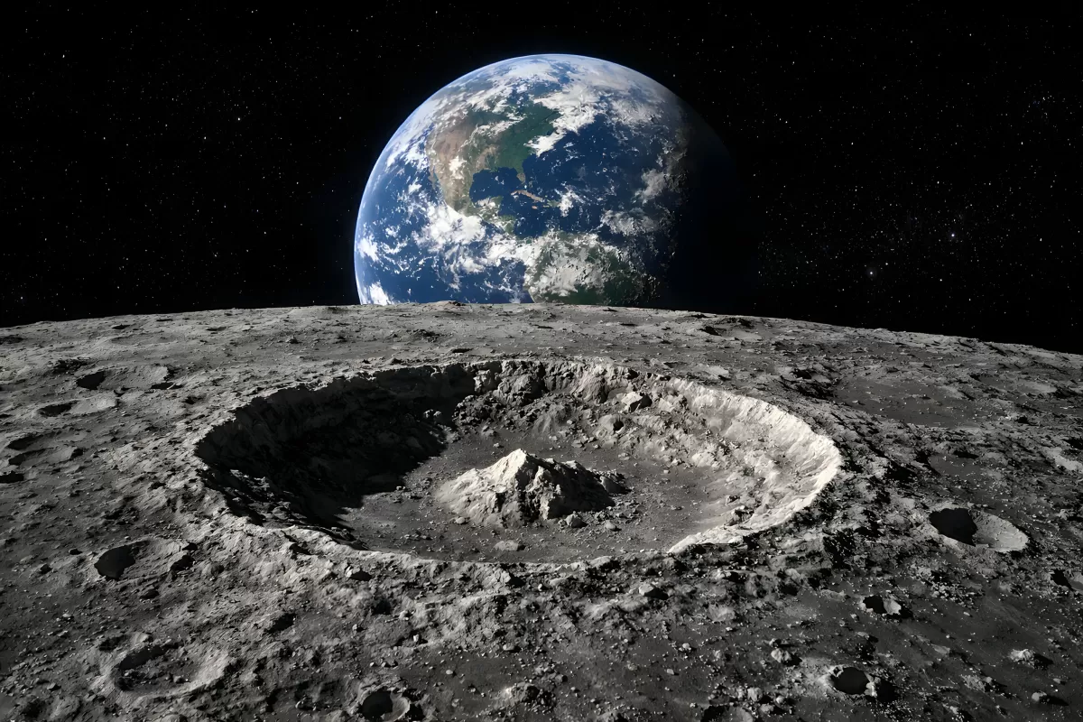 Mondkrater mit Erde im Hintergrund aus dem All