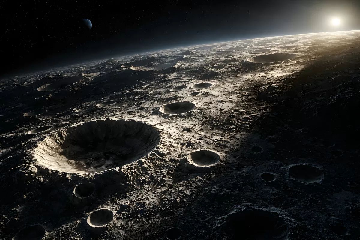Mondlandschaft mit Kratern und aufgehender Sonne