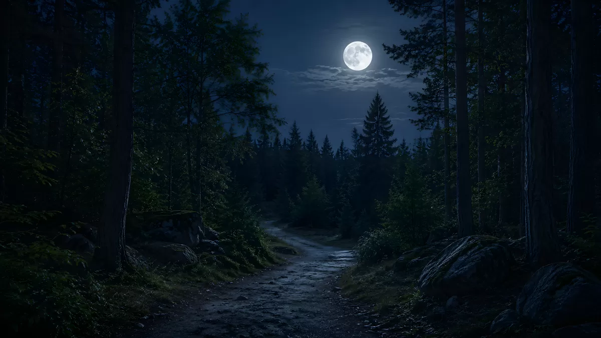 Mondnacht im Wald mit beleuchtetem Waldweg