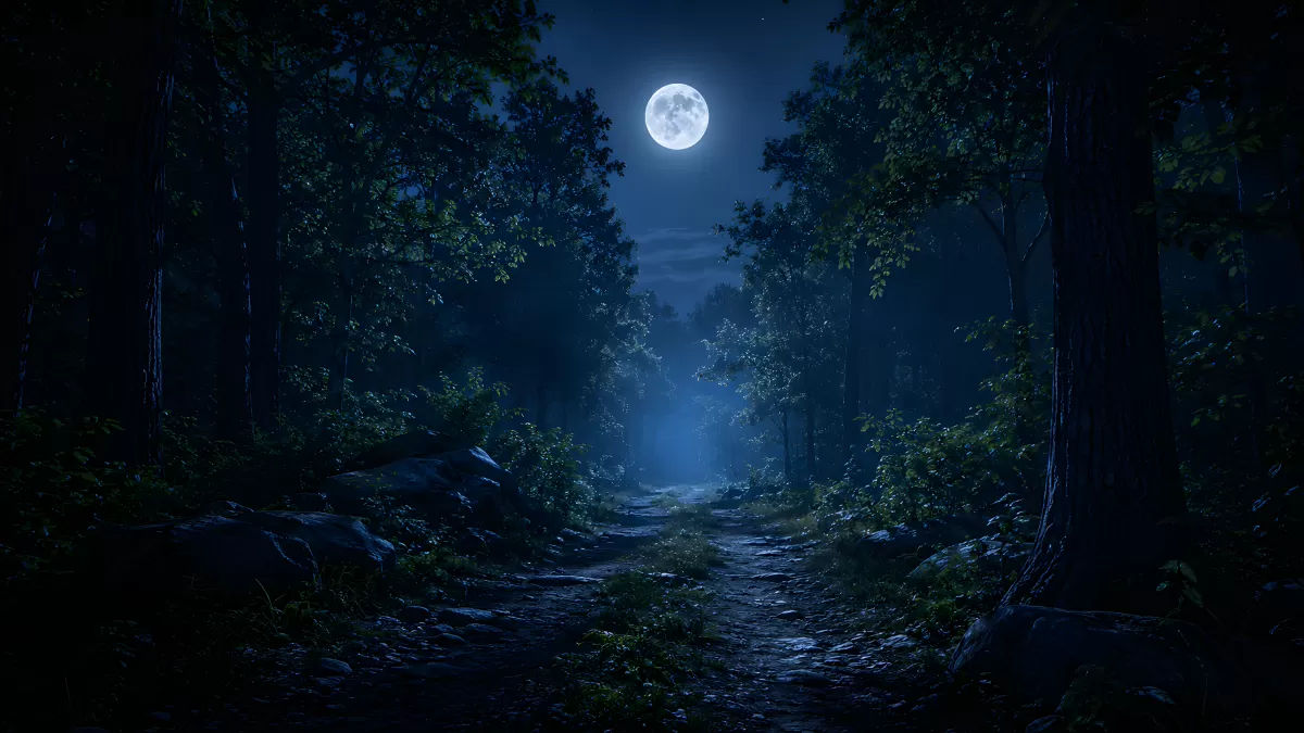 Mondschein über einem geheimnisvollen Waldpfad bei Nacht