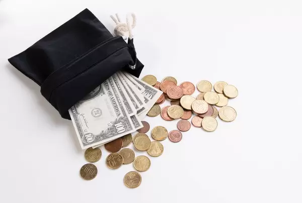 Money bag with coins on white background
