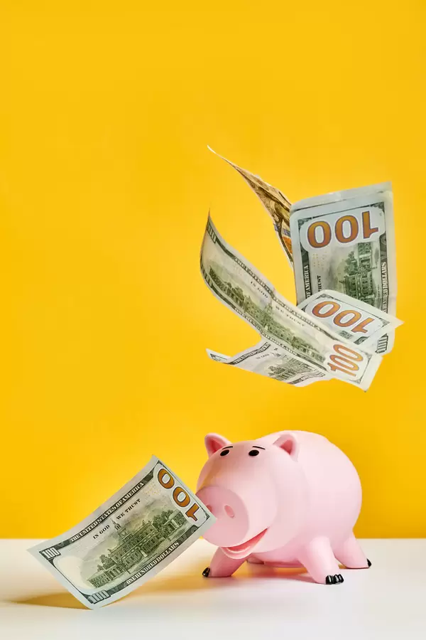 Money rain falling to the piggy coin bank