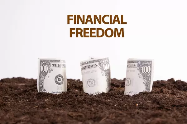 Money rolls on a dirt with Financial Freedom text