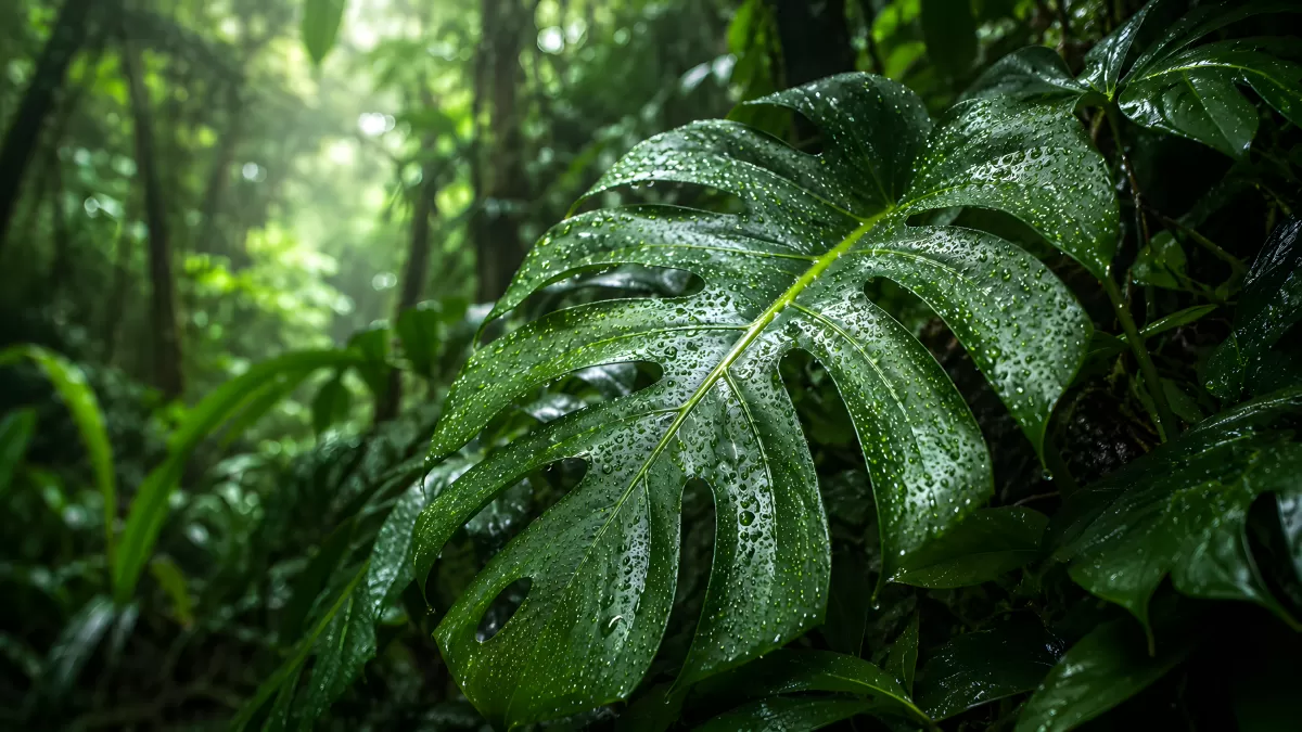 Monstera-Blatt mit Wassertropfen im Regenwald