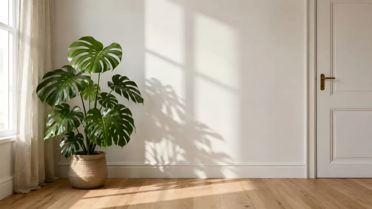 Monstera im Wohnzimmer mit Sonnenlicht an weißer Wand