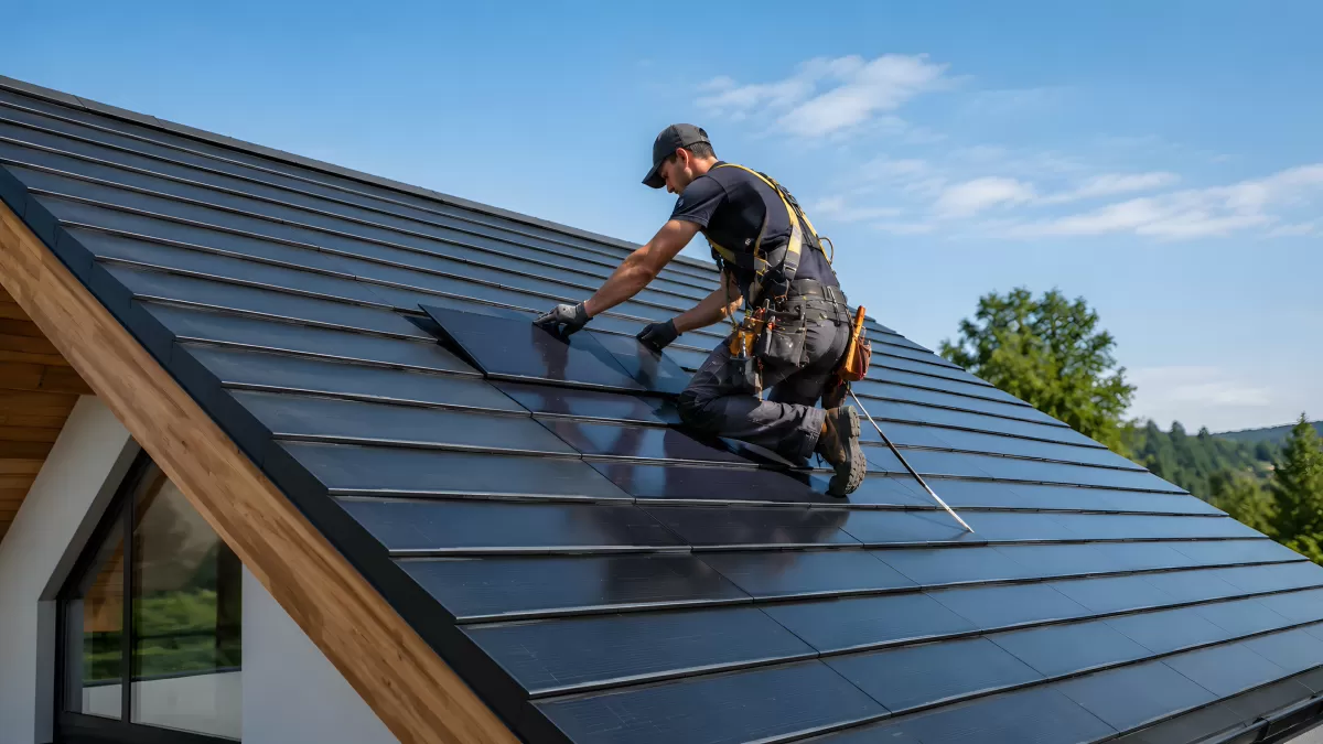 Monteur installiert Solarmodule auf modernem Steildach