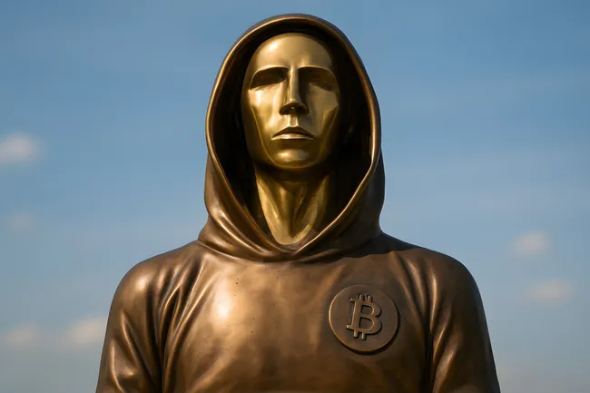 Monumentale Bitcoin-Statue unter blauem Himmel