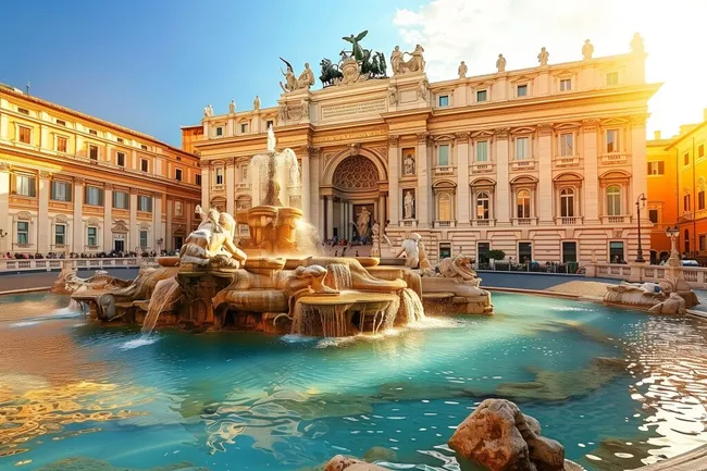 Monumentaler Brunnen vor prächtiger Fassade in Rom