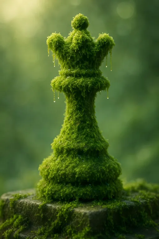 Moosbedeckter Schachkönig im Wald mit Wassertropfen