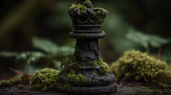 Moosbedeckter, schwarzer Schachkönig im Wald