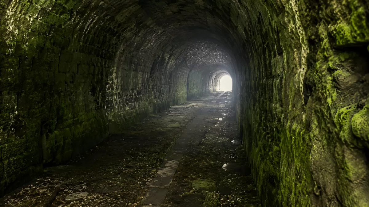 Moosbedeckter Steintunnel mit Licht am Ende
