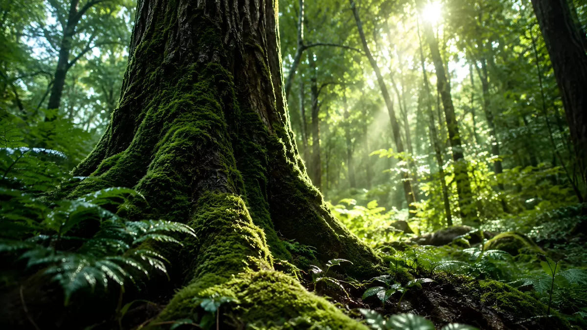 Moosbewachsener Baumstamm im sonnendurchfluteten Wald