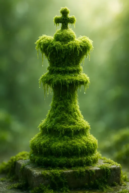 Moosbewachsener König-Schachfigur in Naturumgebung