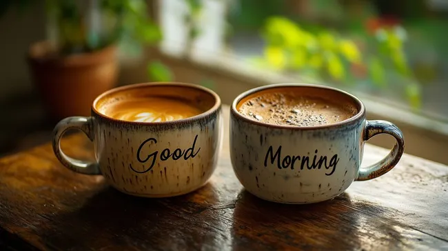 Morgenkaffee auf rustikalem Holztisch - gemütlicher Tagesbeginn