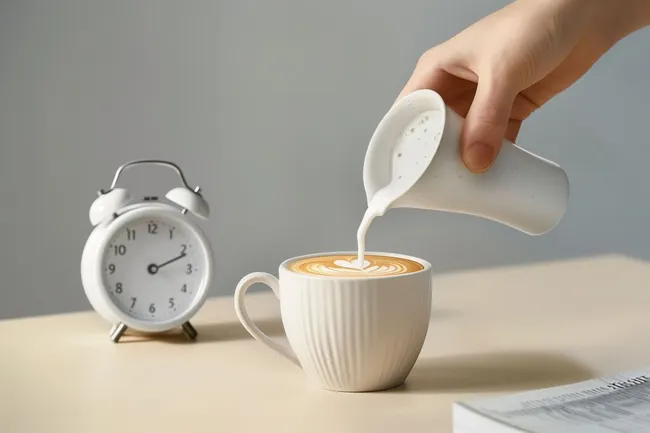 Morgenkaffee mit elegantem Latté-Art und Wecker