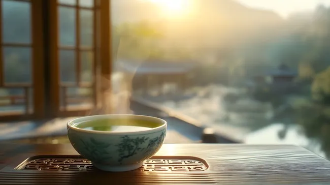 Morgenlicher Tee auf Chinesischer Veranda im Sonnenaufgang