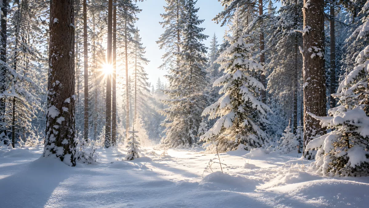Morgensonnenstrahlen im verschneiten Winterwald