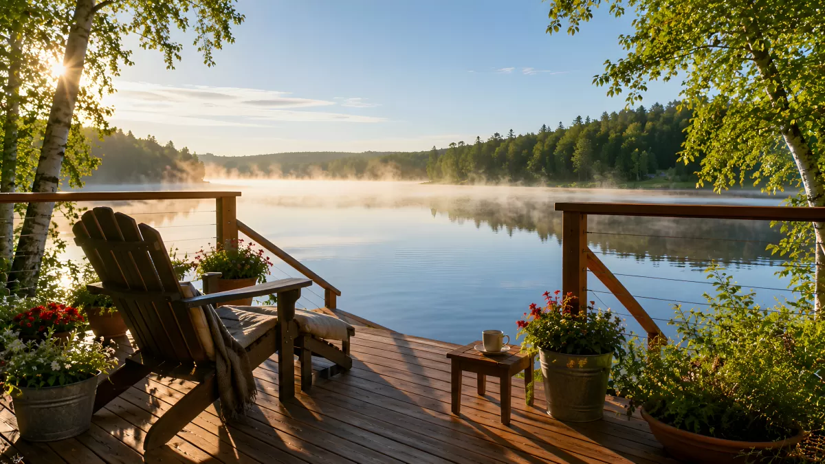Morgenstimmung am See mit Holzterrasse im Sommer