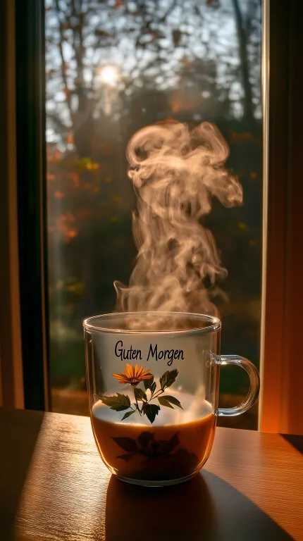 Morgentlicher Kaffee am Fenster mit Blick in die Natur