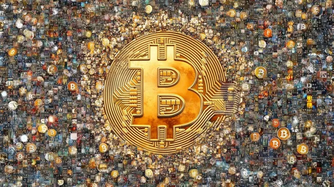 Mosaik aus Bitcoin-Symbolen: Digitale Währung als Hintergrund