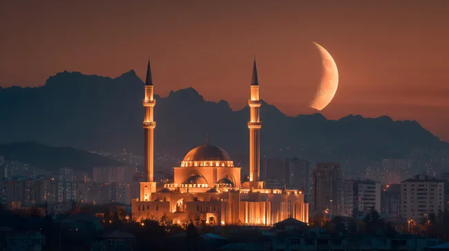 Moschee in Abendstimmung mit Sichelmond und Bergen