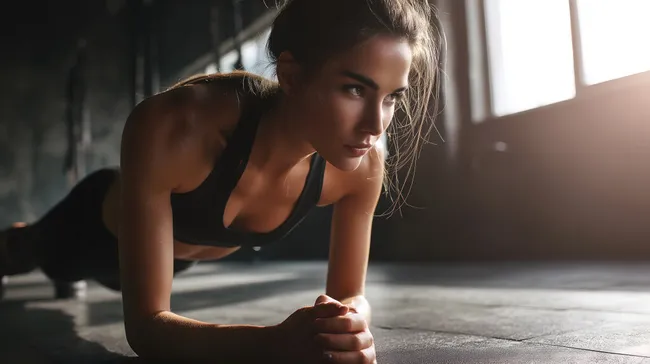 Motivierte Fitnessfrau beim Plank-Training