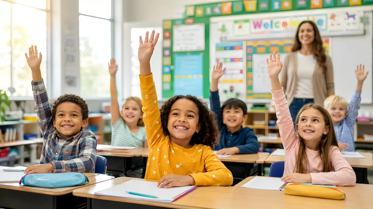 Motivierte Grundschüler melden sich aktiv im Unterricht