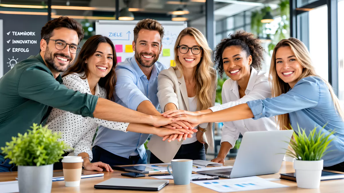 Motiviertes Büro-Team streckt Hände zusammen