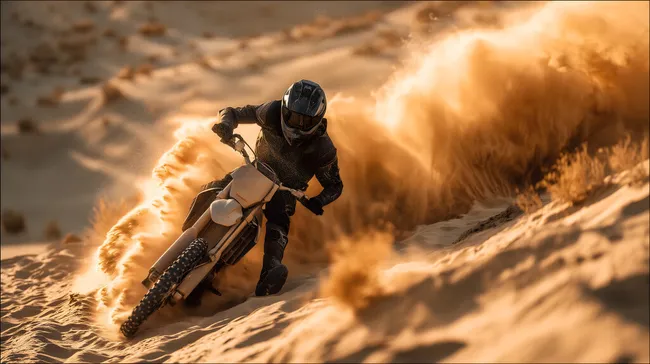 Motocross-Fahrer driftet durch Wüstensand