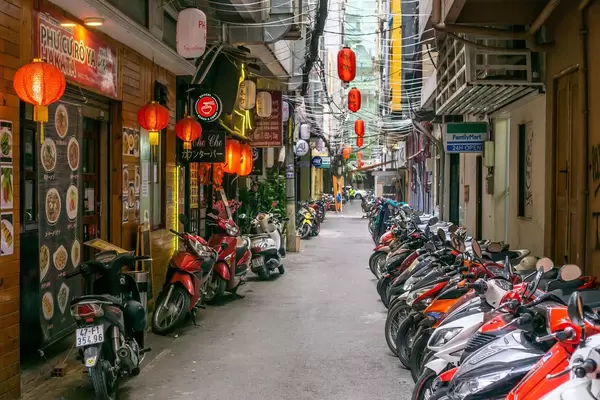 Motorbike Parking in an Alley in Saigon's Japanese Town, Vietnam