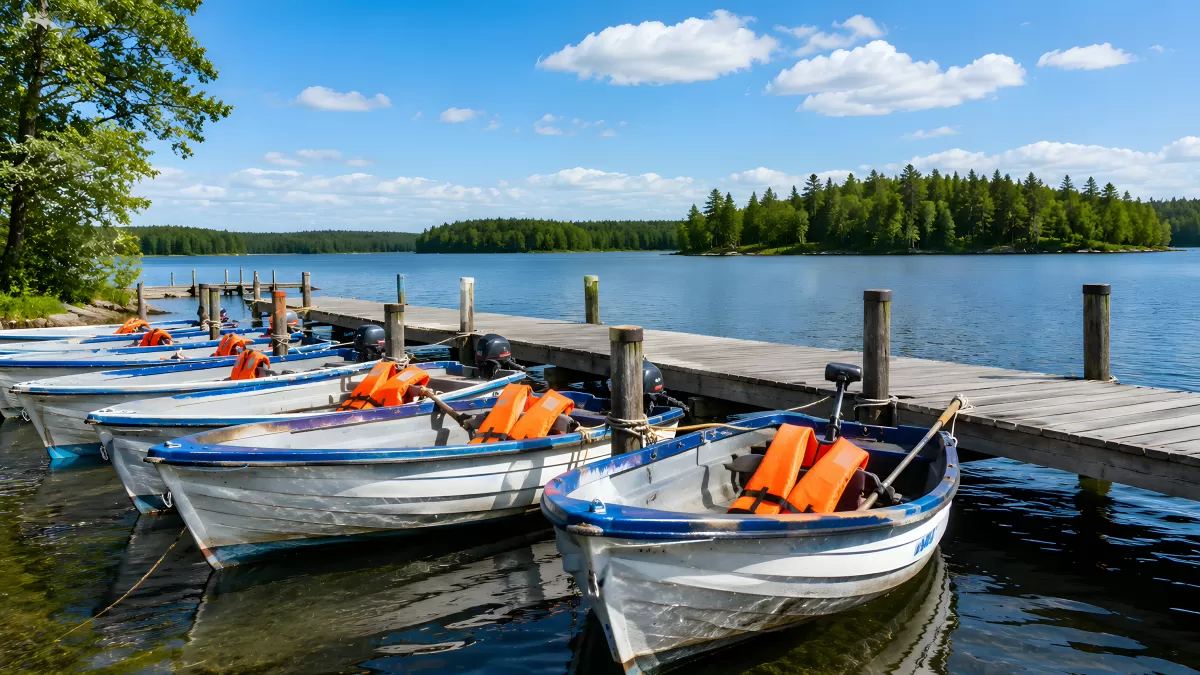 Motorboote mit Schwimmwesten am Holzsteg eines Sees