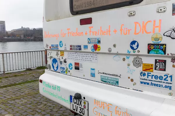 Motorhome with peace and freedom mottoes at a demonstration against Covid restrictions in Cologne