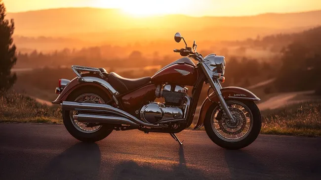 Motorrad bei Sonnenuntergang auf Landstraße