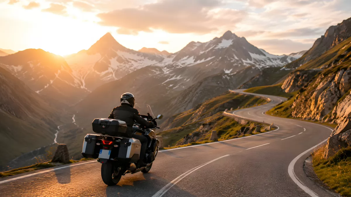 Motorradfahrer auf kurvenreicher Alpenstraße bei Sonnenuntergang