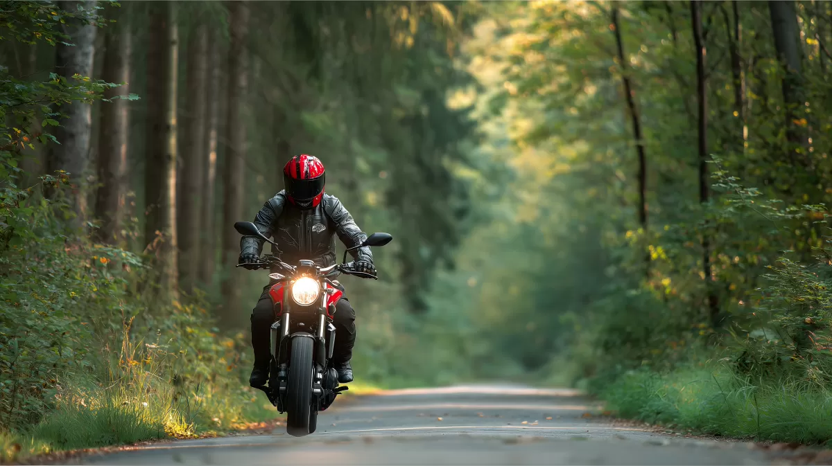 Motorradfahrer auf Waldstraße im Sonnenlicht