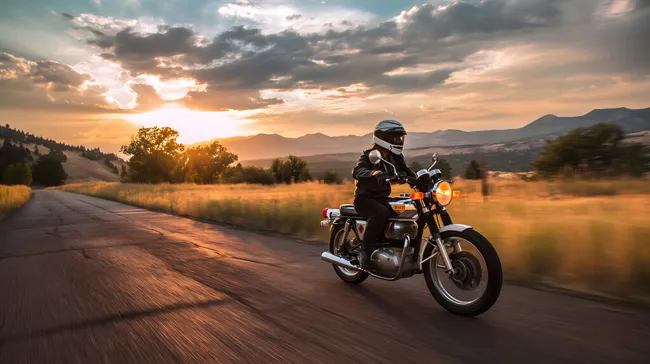 Motorradfahrer bei Sonnenuntergang auf Landstraße