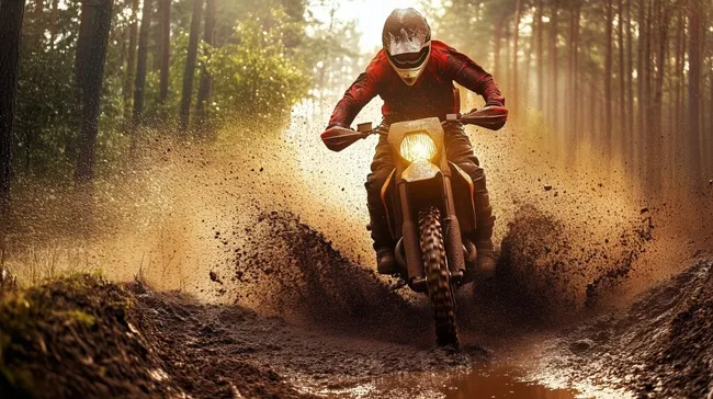 Motorradfahrer durchquert schlammigen Waldpfad in der Dämmerung