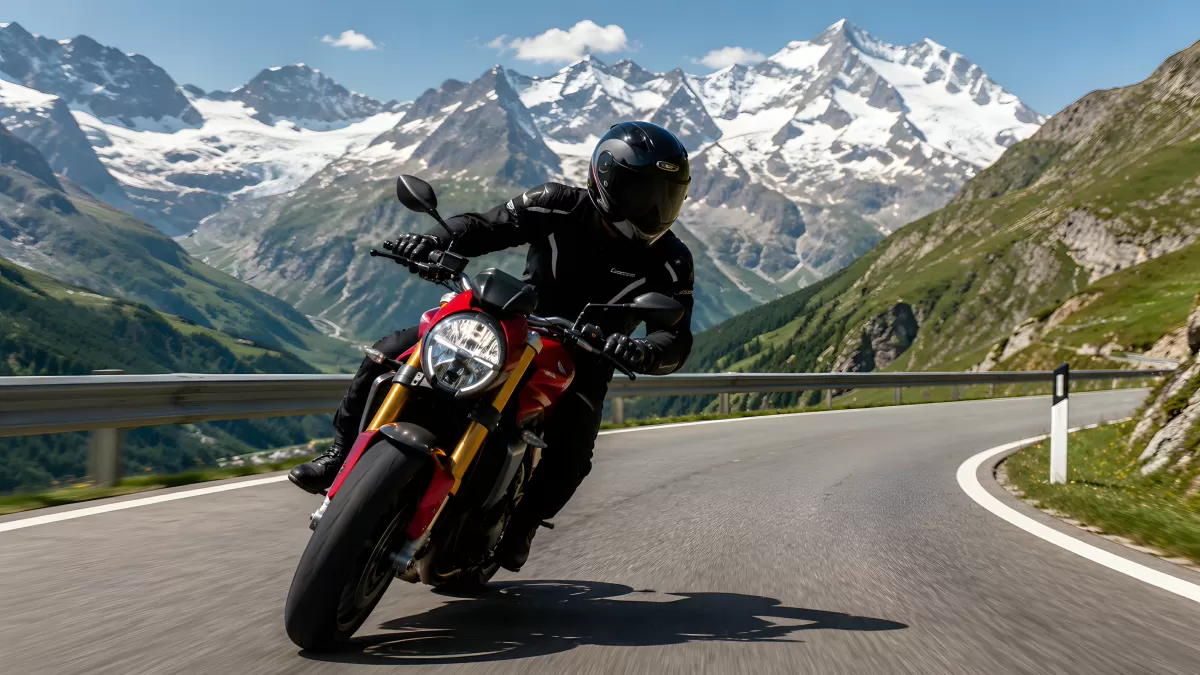 Motorradfahrer in den Alpen auf kurvenreicher Passstraße