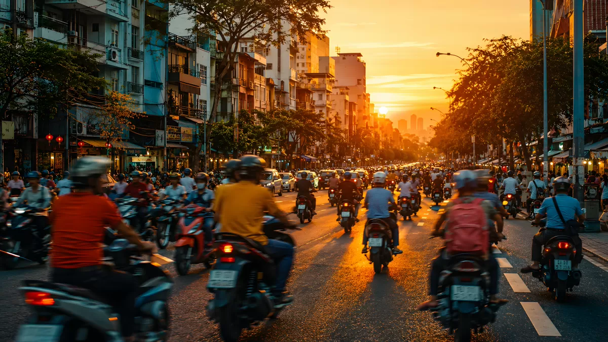 Motorroller-Stau bei Sonnenuntergang in Vietnams Großstadt